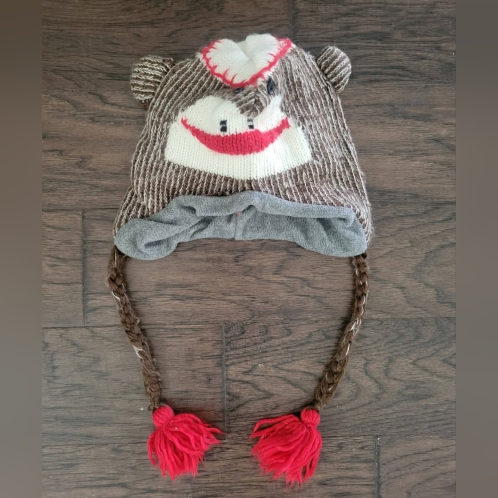 Kids Brown Monkey Knit Earflap Hat with Red Accents
